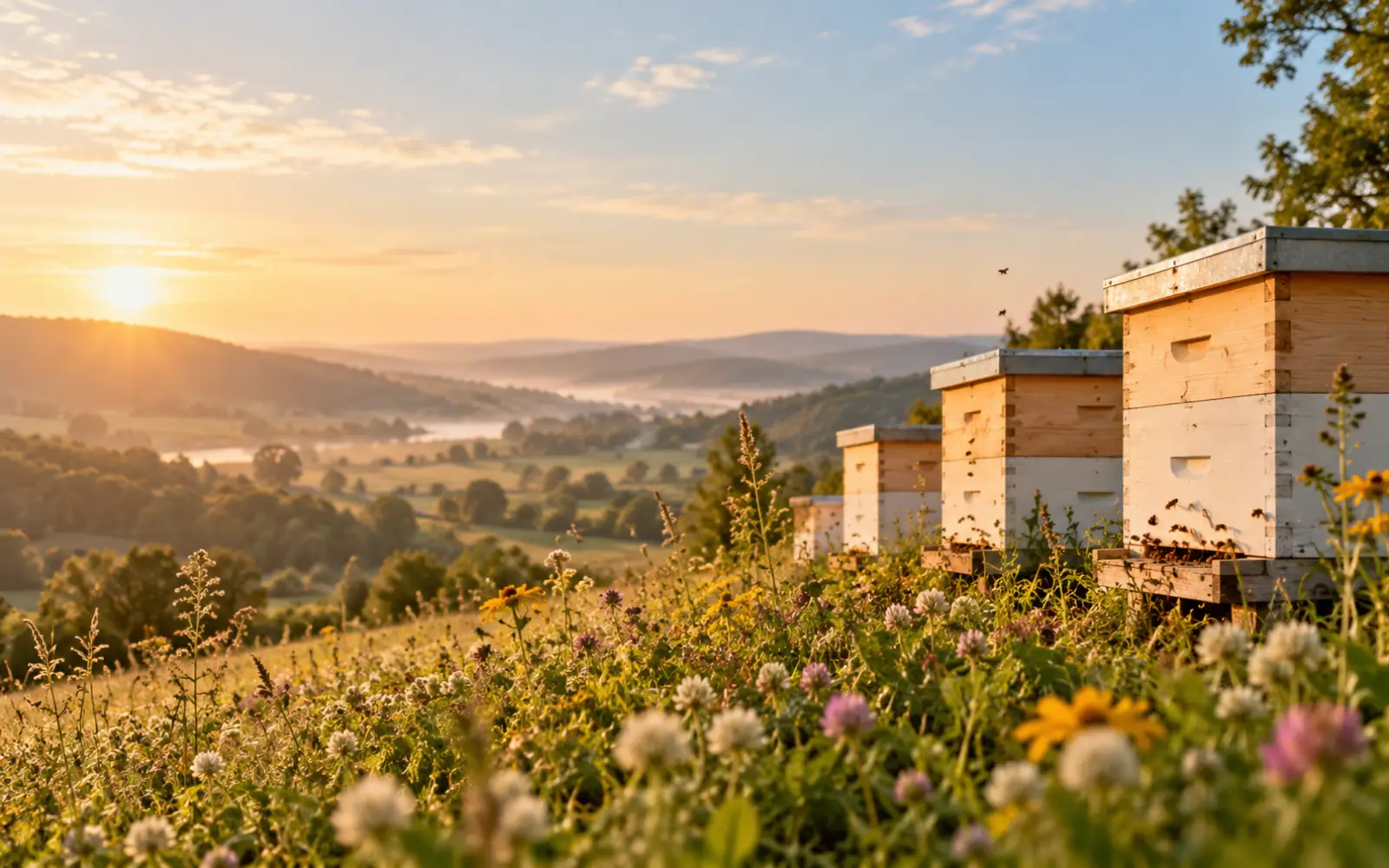 Pale wooden beehives among wildflowers on a hillside in early morning light
