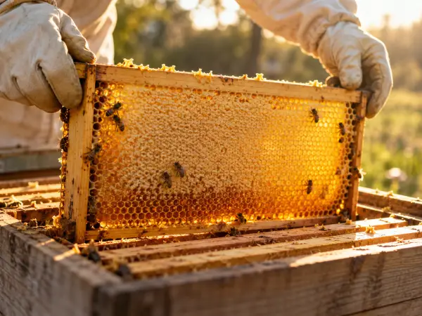 A gloved hand lifting a frame of capped honeycomb out of a hive
