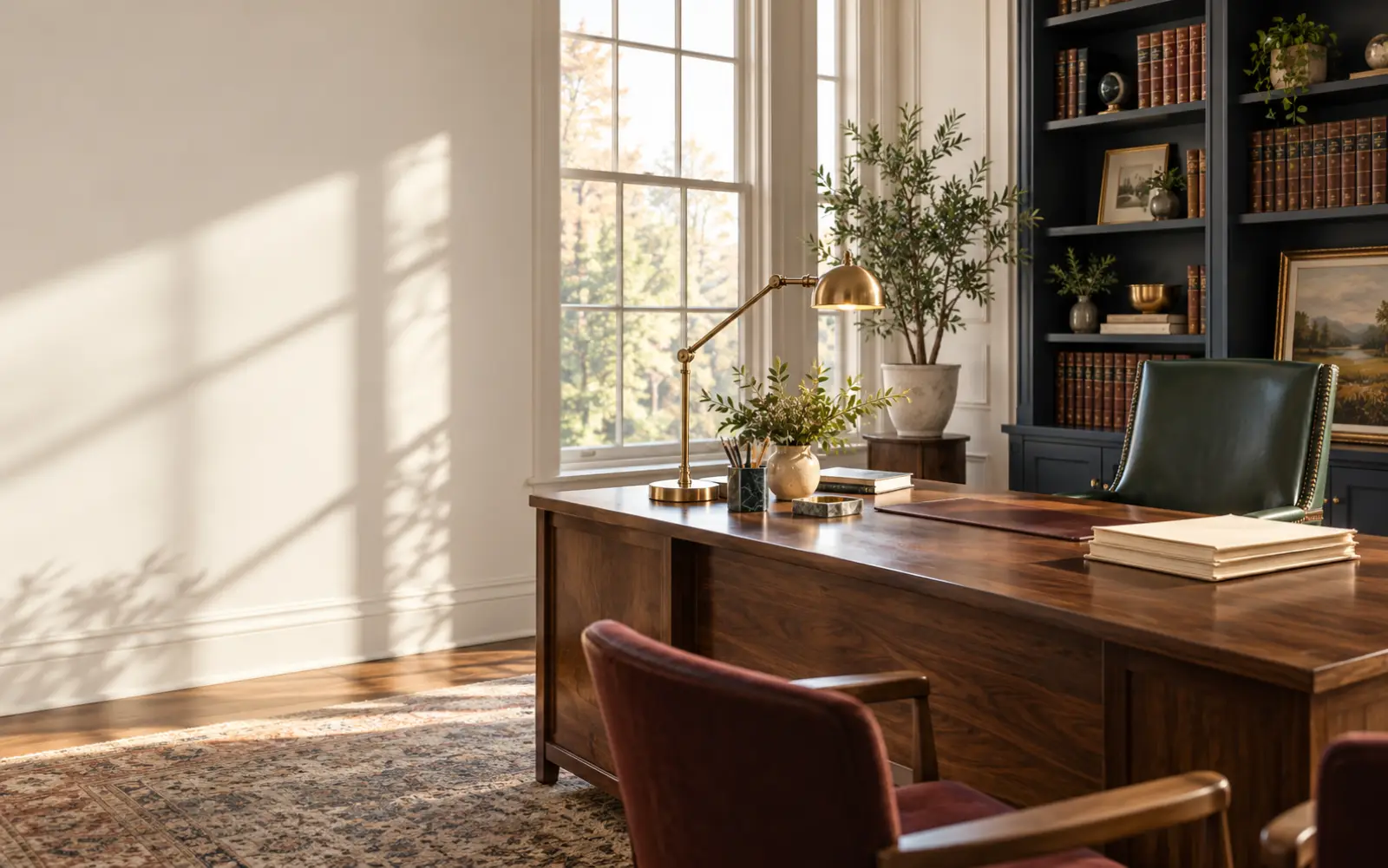 A calm office with a walnut desk, a brass lamp and a green leather chair by a tall window