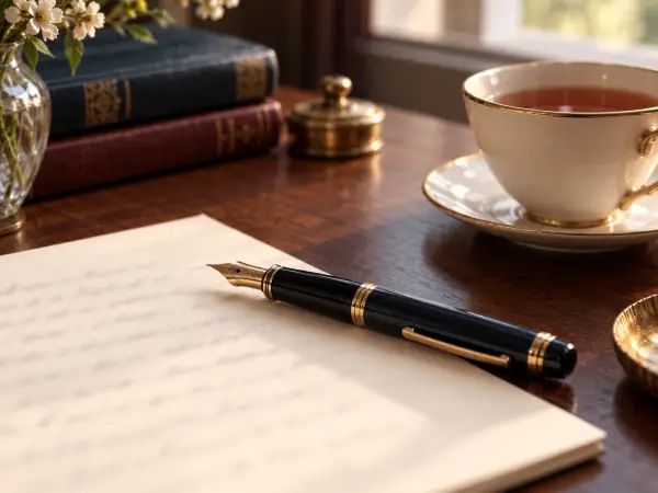 A fountain pen resting on cream paper beside a cup of tea