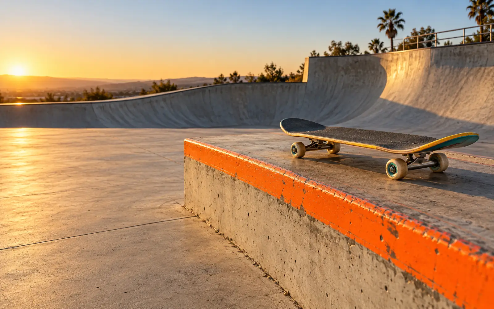 A skateboard resting on a concrete ledge with an orange edge at a skatepark at golden hour