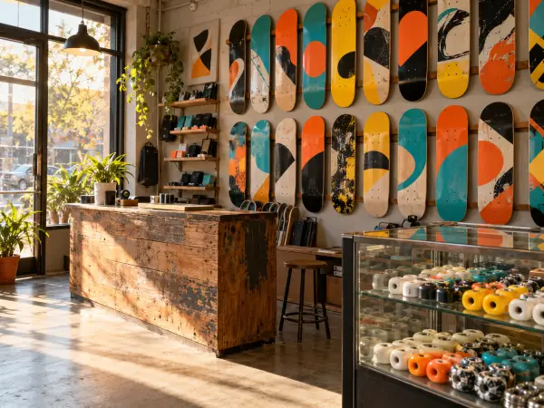The inside of a small skate shop with a wall of decks and a case of wheels