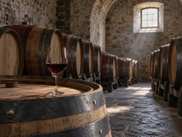 Oak barrels in a stone cellar with a glass of red wine on a barrel head