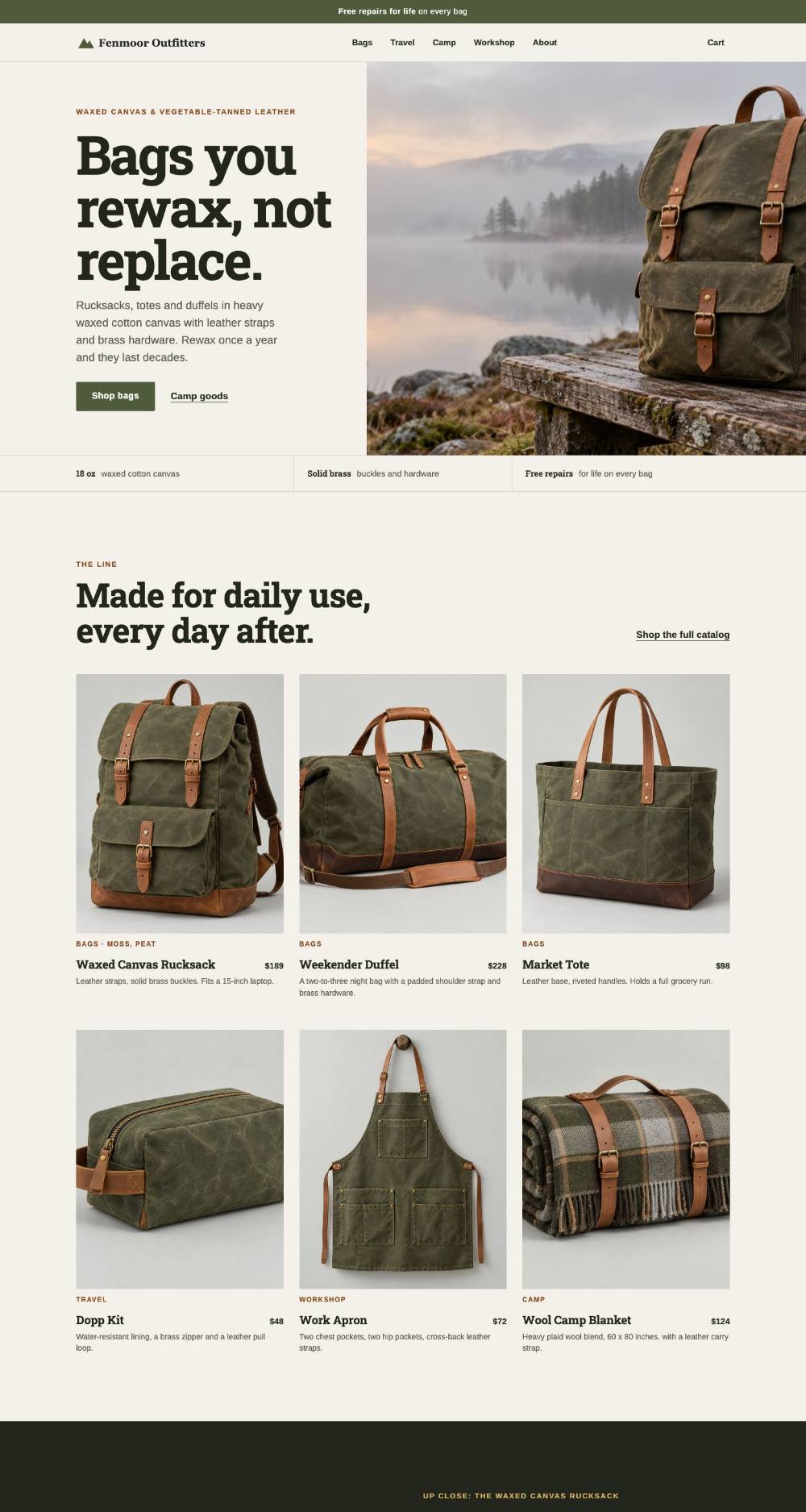 Fenmoor Outfitters homepage, after, at laptop width