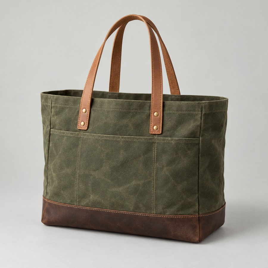 Market Tote in waxed canvas with a leather base and riveted handles