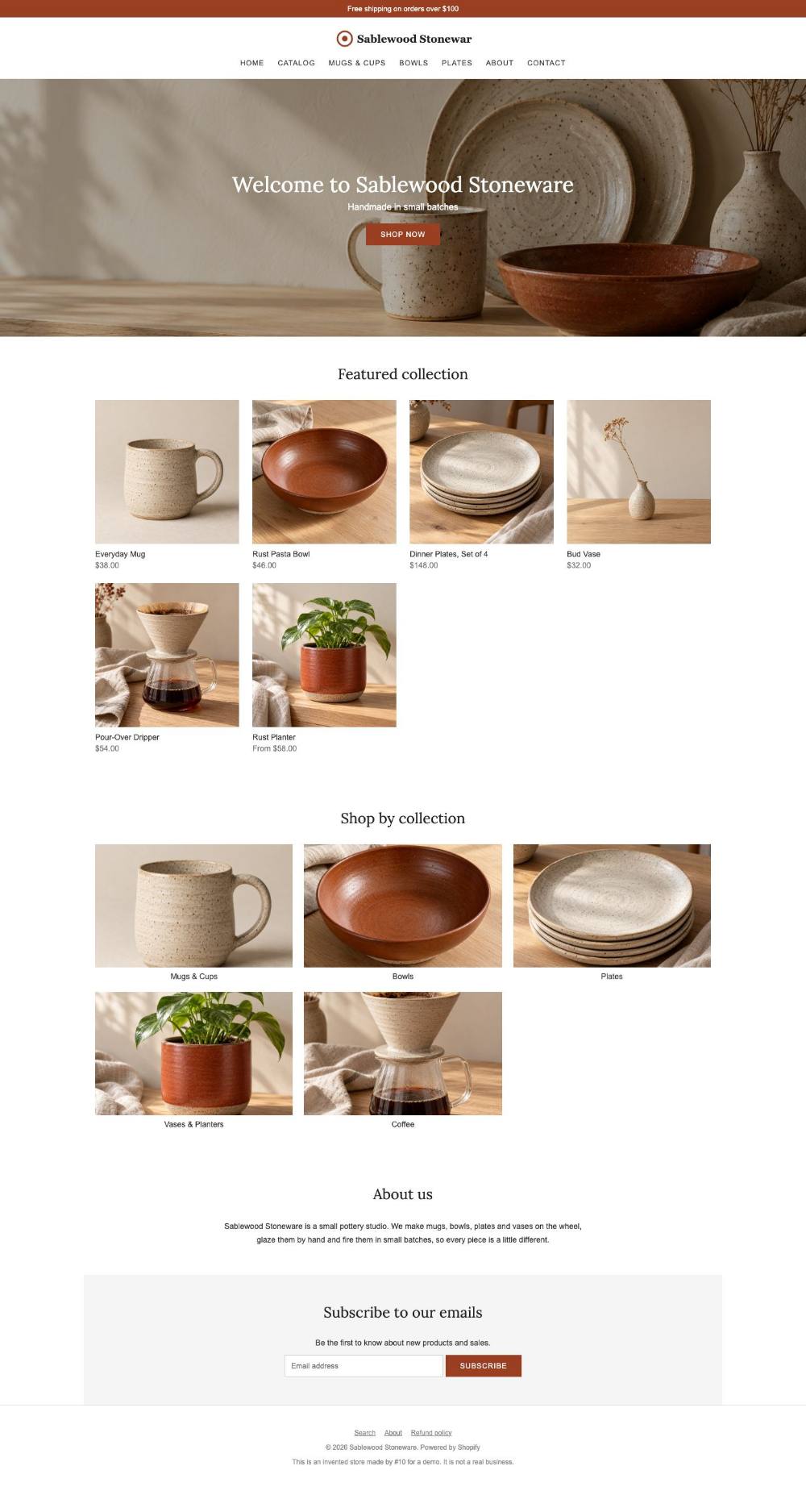 Sablewood Stoneware homepage, before, at laptop width